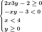 \begincases 2x+3y-2\geq0 \\ -x+y-3<0 \\ x<4\\y\geq0\endcases