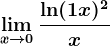 \limx--> 0\frac\ln (1+x)^2x