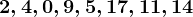 2, 4, 0 , 9 , 5 , 17, 11, 14