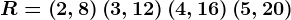 R=\left ( 2,8 \right )\left ( 3,12 \right )\left ( 4,16 \right )\left ( 5,20 \right )